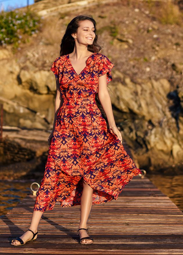 robe longue motif ethnique style baroque marine et orange extérieur