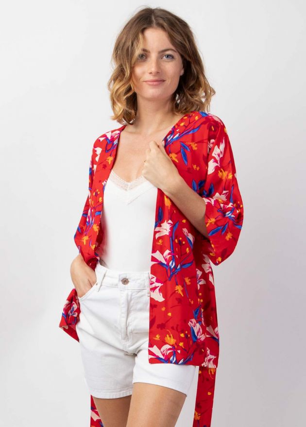 veste kimono ceinturé manches 3/4 rouge motif fleuri