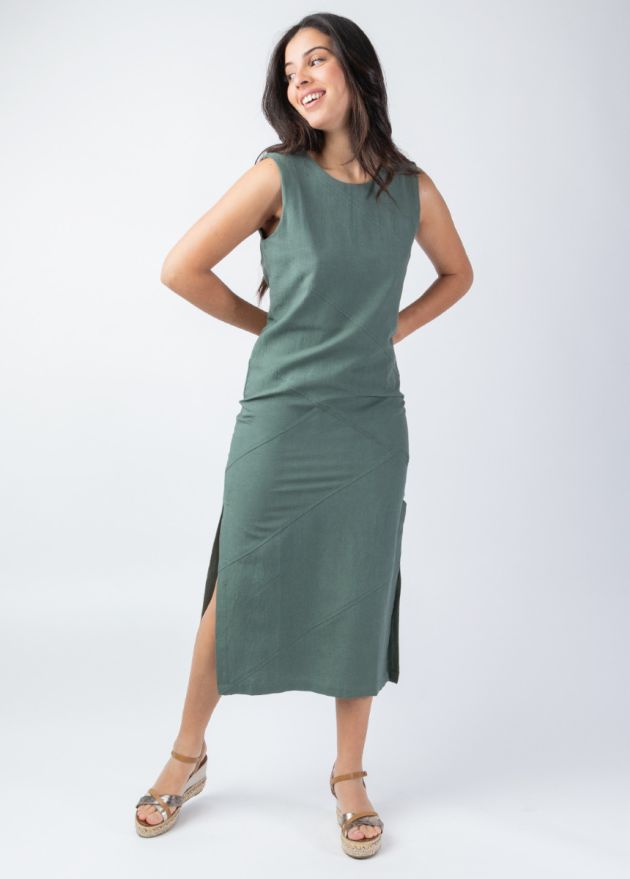robe longue unie kaki encolure ronde