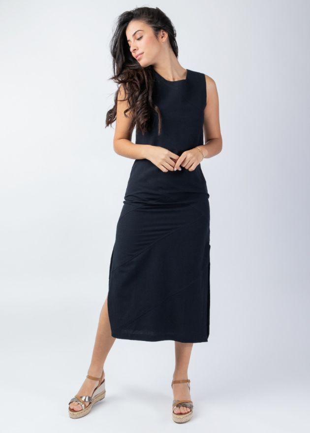 robe longue unie noire encolure ronde