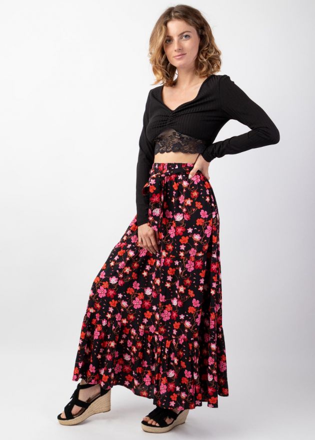 jupe longue noire imprimé petites fleurs colorées face