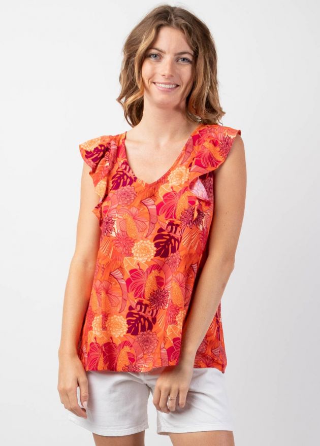 haut femme tendance fleuri couleur estivale orangé zoom