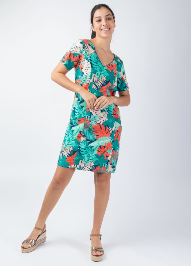 robe femme été manches courtes motif feuillage coloré face