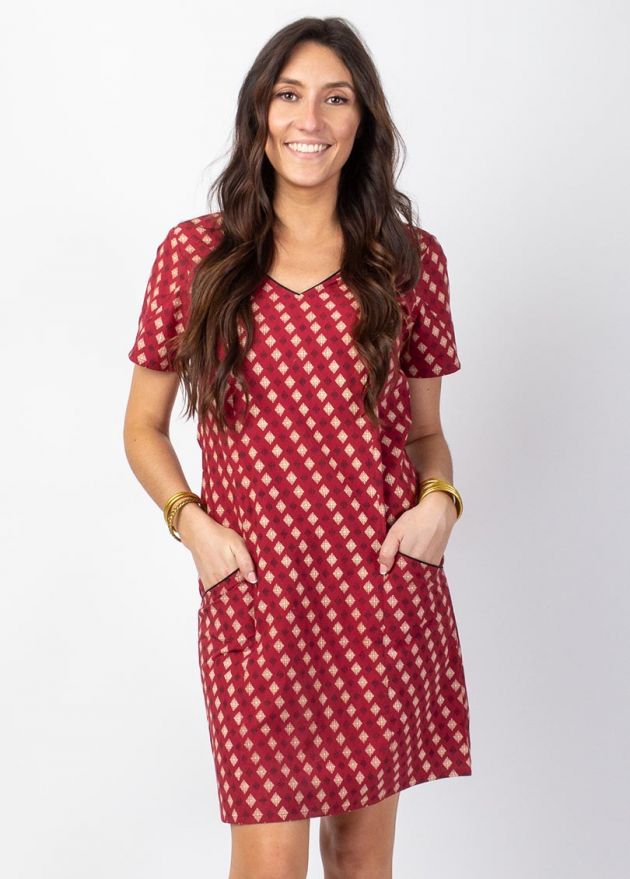 robe courte en coton encolure en v motif ethnique rouge zoom