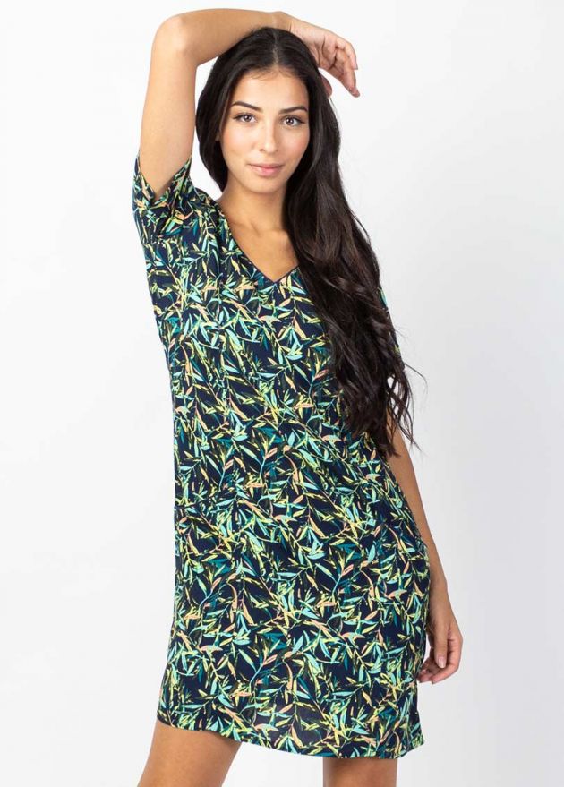 robe courte encolure en v motif tropical bleu marine manches courtes zoom