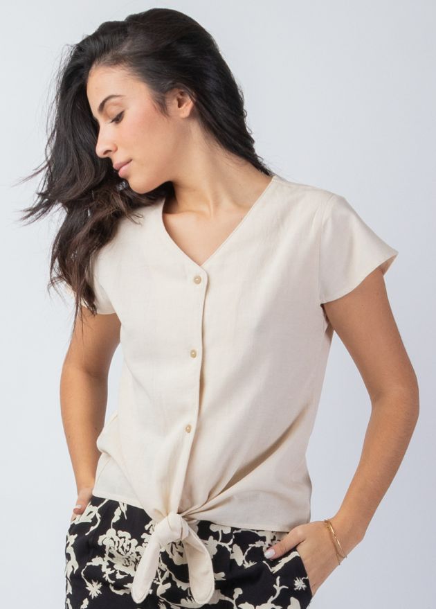 top manches courtes uni beige encolure en v zoom