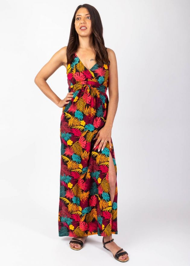 robe longue fendue viscose à fines bretelles motif tropical face