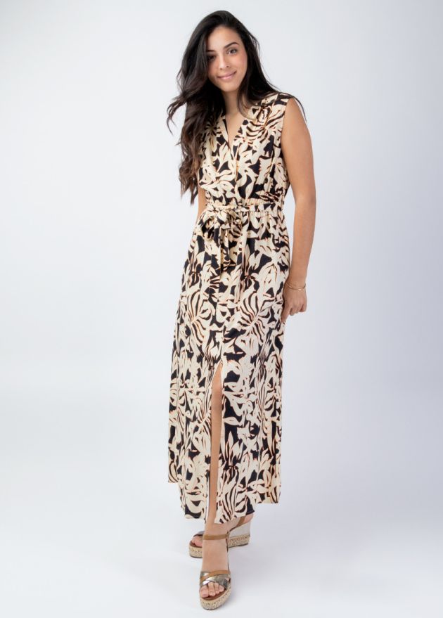 robe longue ceinturée noire et beige face