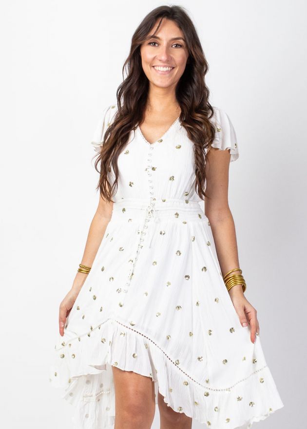 robe ethnique chic blanche style bohème avec sequins dorés légèrement asymétrique zoom