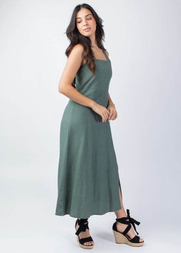 robe longue unie kaki coupe cintrée face