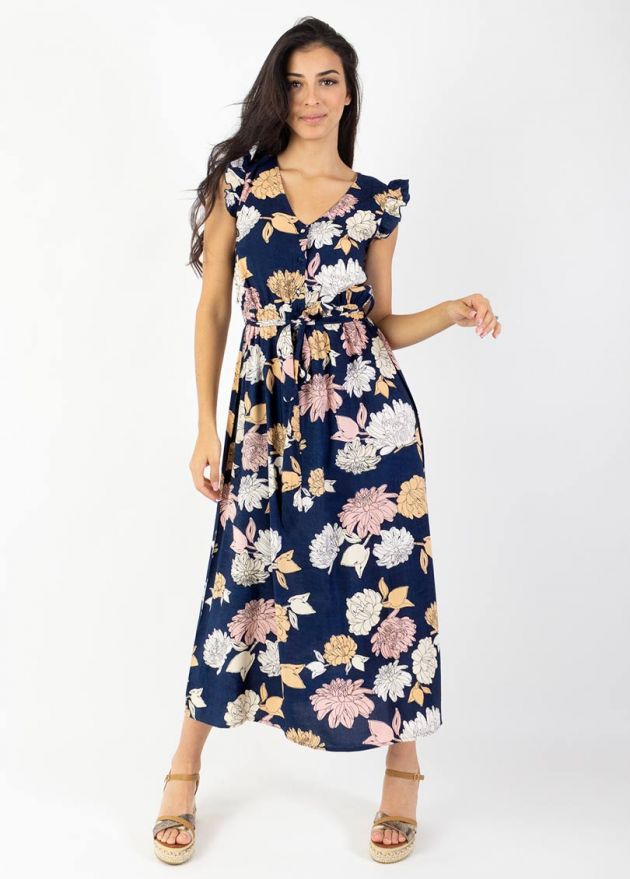 robe longue imprimé fleuri pivoine couleur marine face