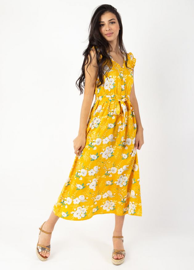 robe longue jaune motif floral blanc encolure v