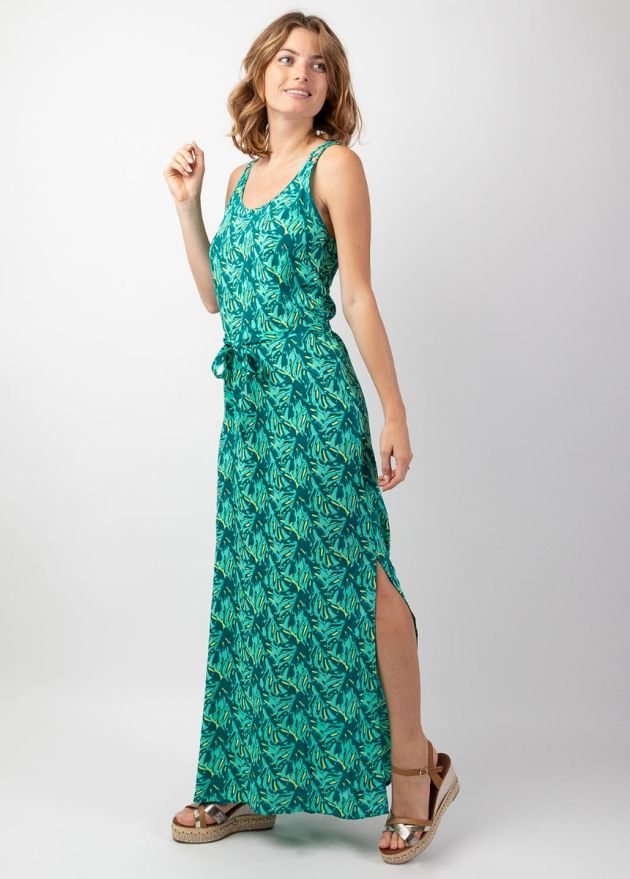 robe longue fendue imprimé tropical vert face