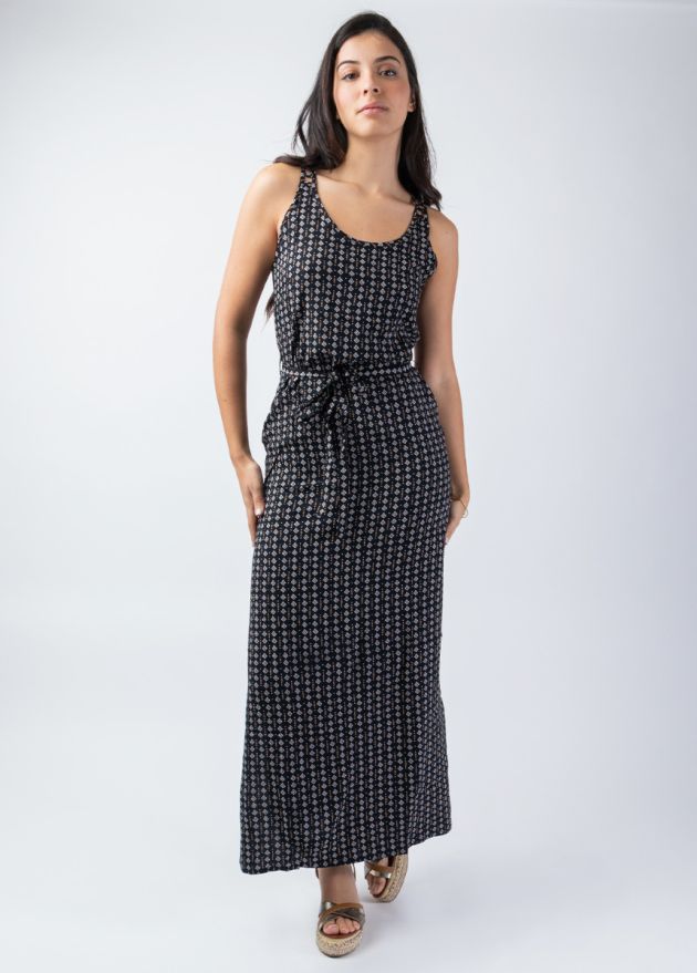 robe longue fendue dos ajourée noire imprimé ethnique
