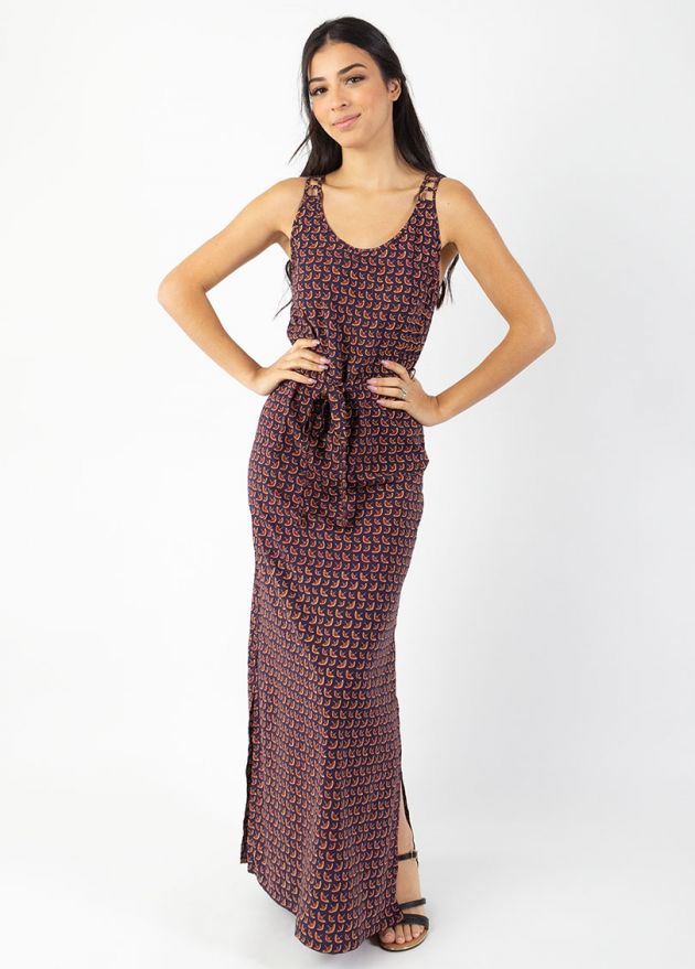 robe longue fendue prune en viscose motif ethnique face