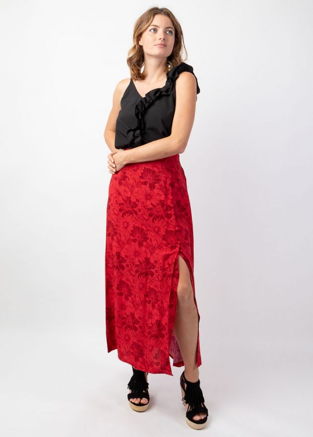 jupe longue fendue été imprimé floral rouge face
