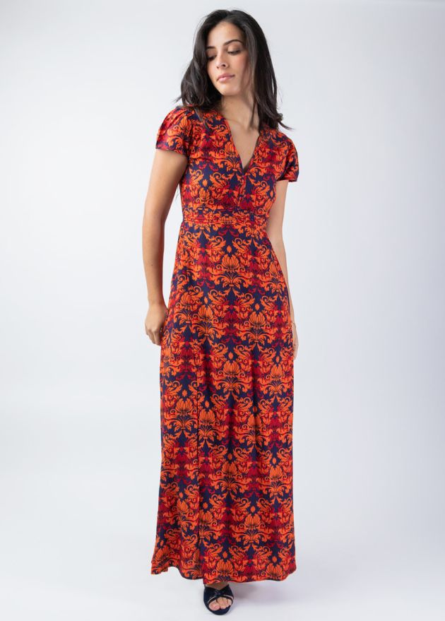 robe longue motif ethnique orangé encolure en V face