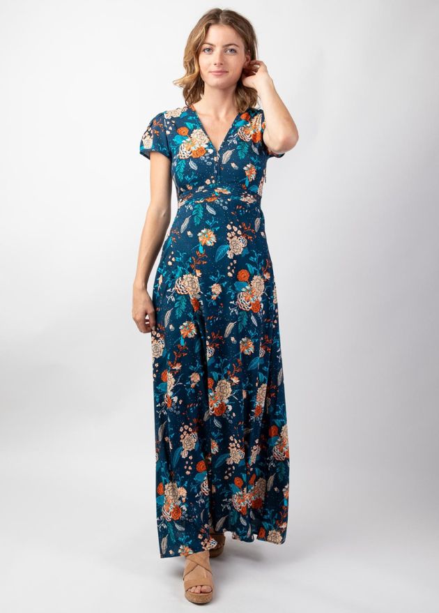 robe longue bleu encolure en V motif fleuri face