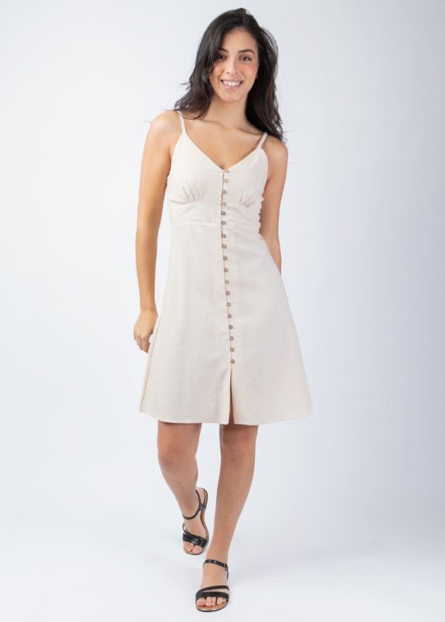 robe courte unie beige boutonnée sur le devant face