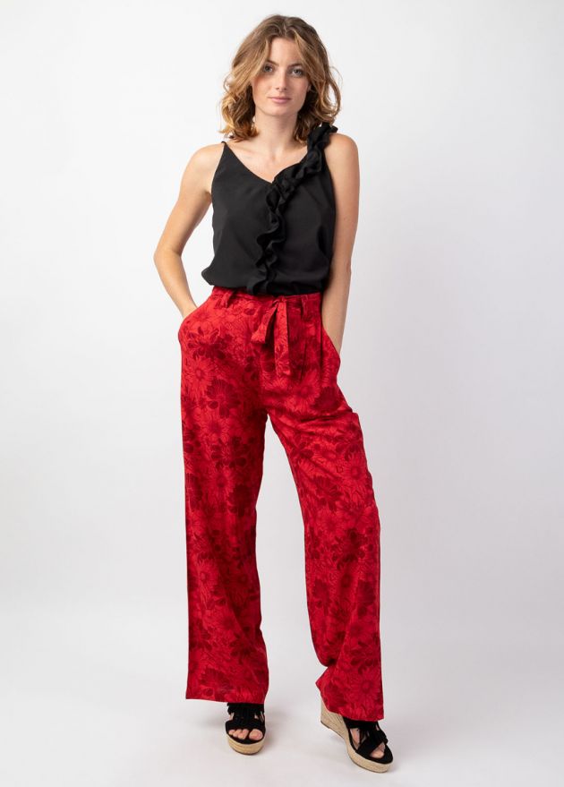 pantalon habillé rouge jambes larges ceinturé motif fleuri face