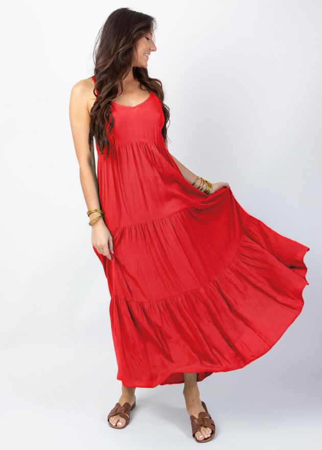 robe longue de plage rouge volantée face