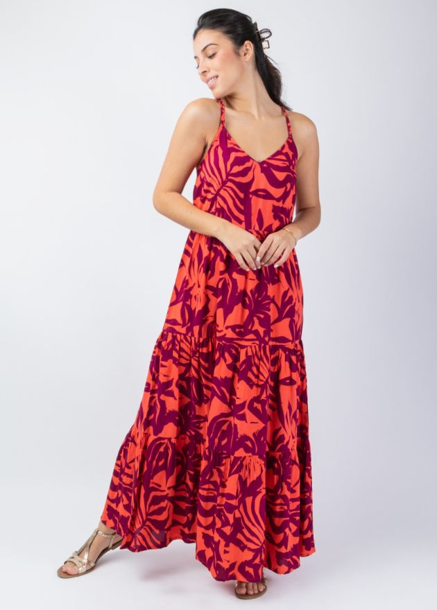 robe longue de plage bretelles torsadées motif floral coloré face