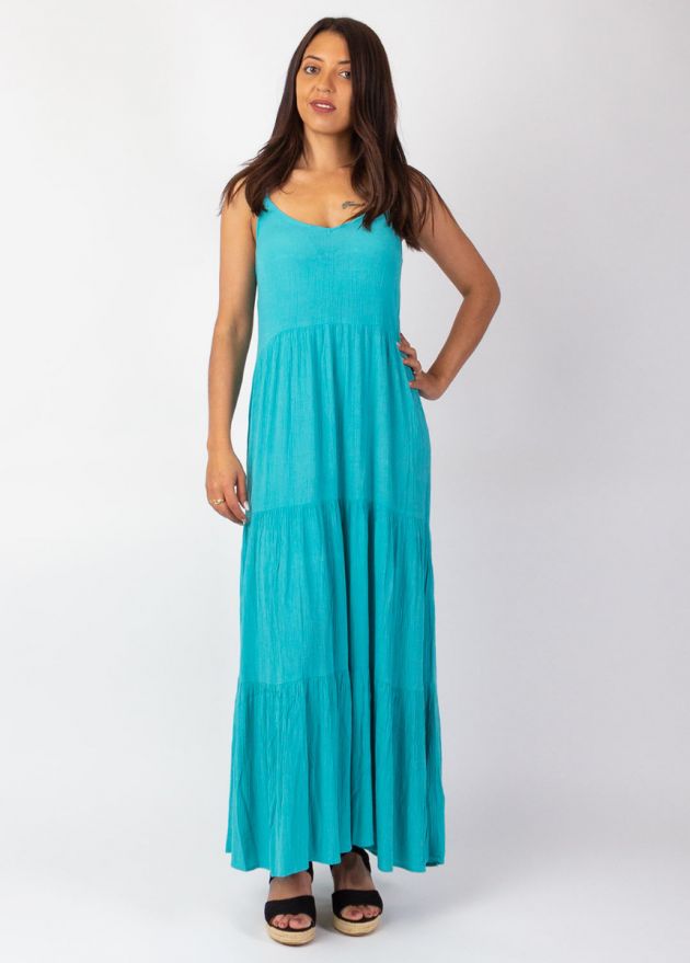 robe longue de plage unie turquoise face