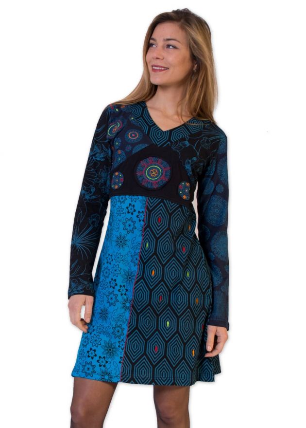 Robe courte en coton OKAVANGO motif ethnique bleu