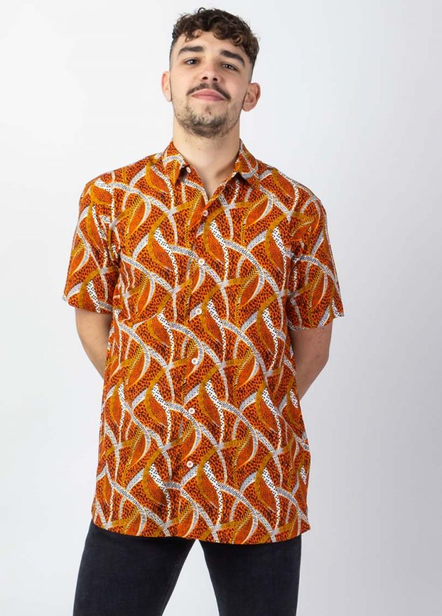 chemise homme imprime ethnique orange manches courtes zoom