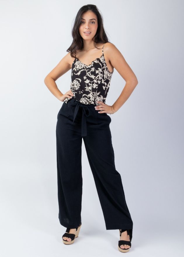 pantalon uni noir ceinture fixe face