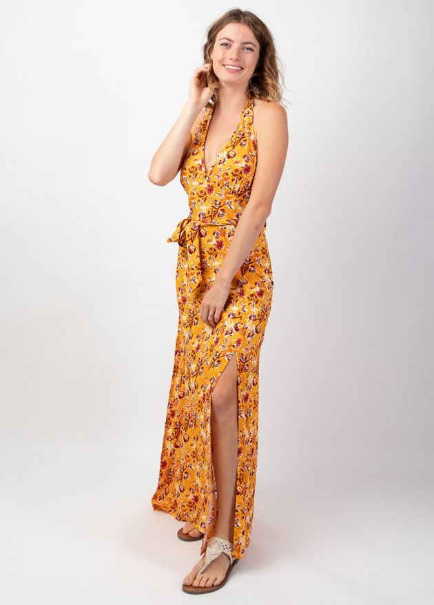 robe longue fendue jaune motif floral face