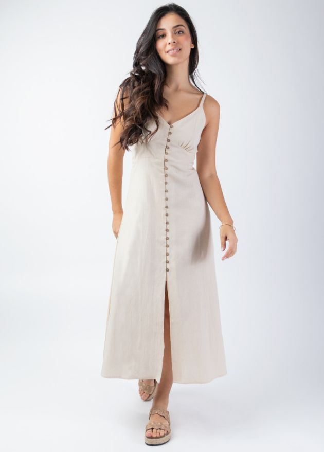 robe longue beige doublée fines bretelles face
