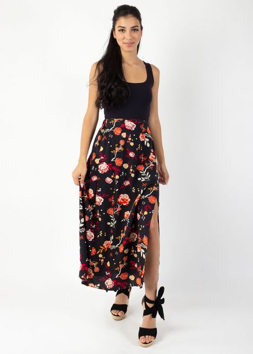 Jupe longue fendue boutonnee LIBERTY fleurie noire