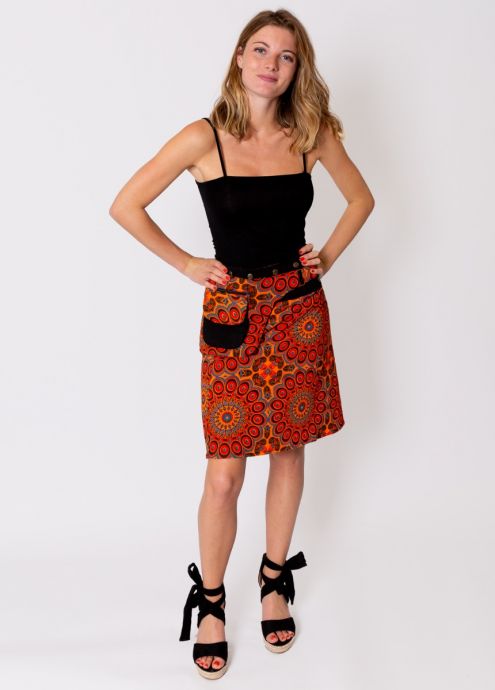 Jupe midi pression NOEMY motif ethnique orange